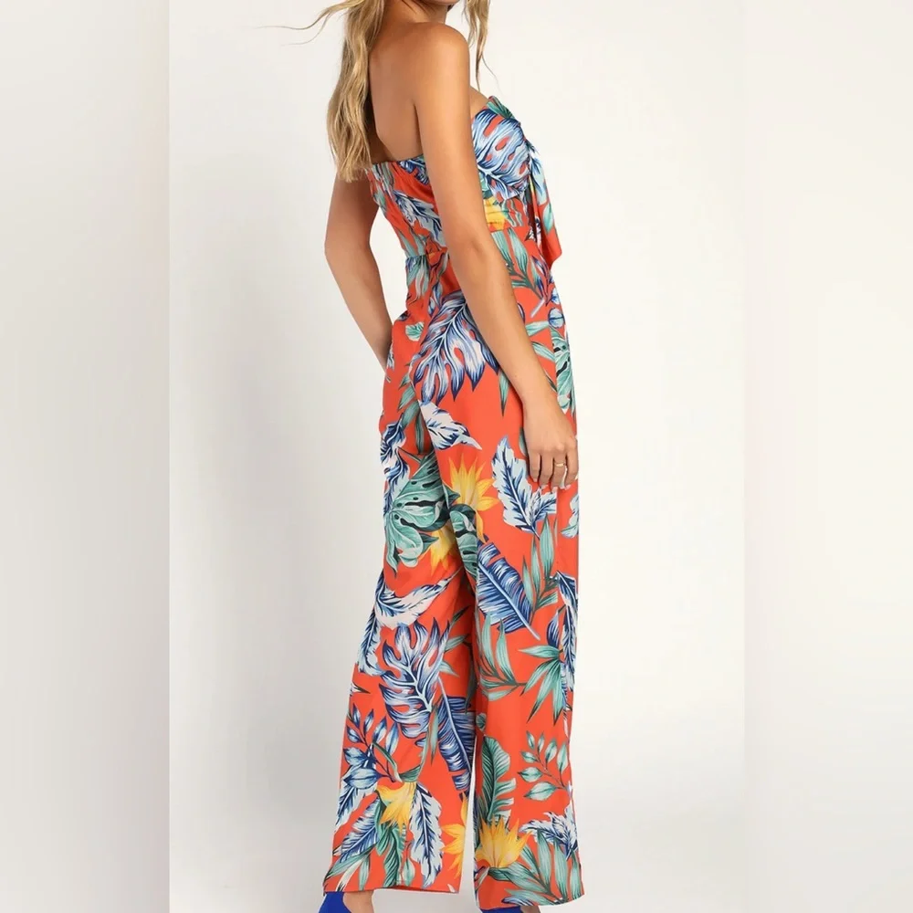 Lulu's  Leaf Print Jumpsuit Luxe Luau Orange Tropical Print Strapless Tie-Front - Picture 2 of 7